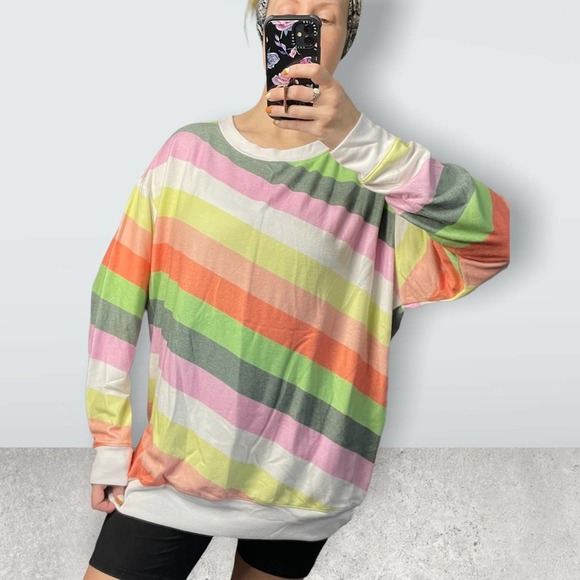 WILDFOX Road Trip Striped Vintage Varsity Fabric Long Sleeve Sweater Rainbow - Picture 1 of 11